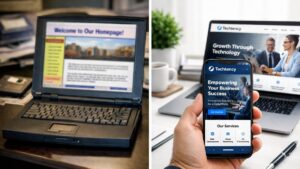 Old vs modern website comparison showing outdated 1990s laptop and modern Techtency website on smartphone and laptop